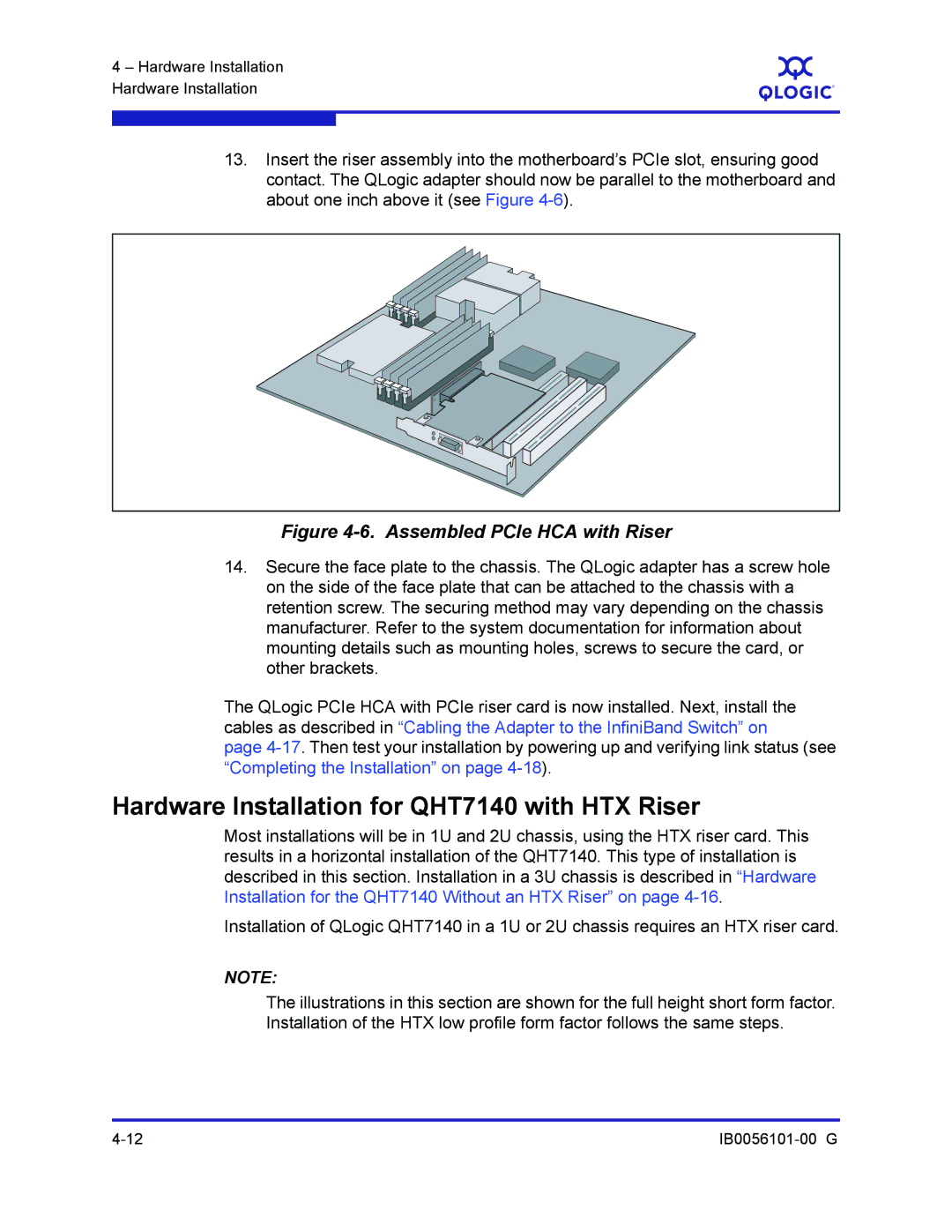 Q-Logic IB0056101-00 G manual Hardware Installation for QHT7140 with HTX Riser, Assembled PCIe HCA with Riser 