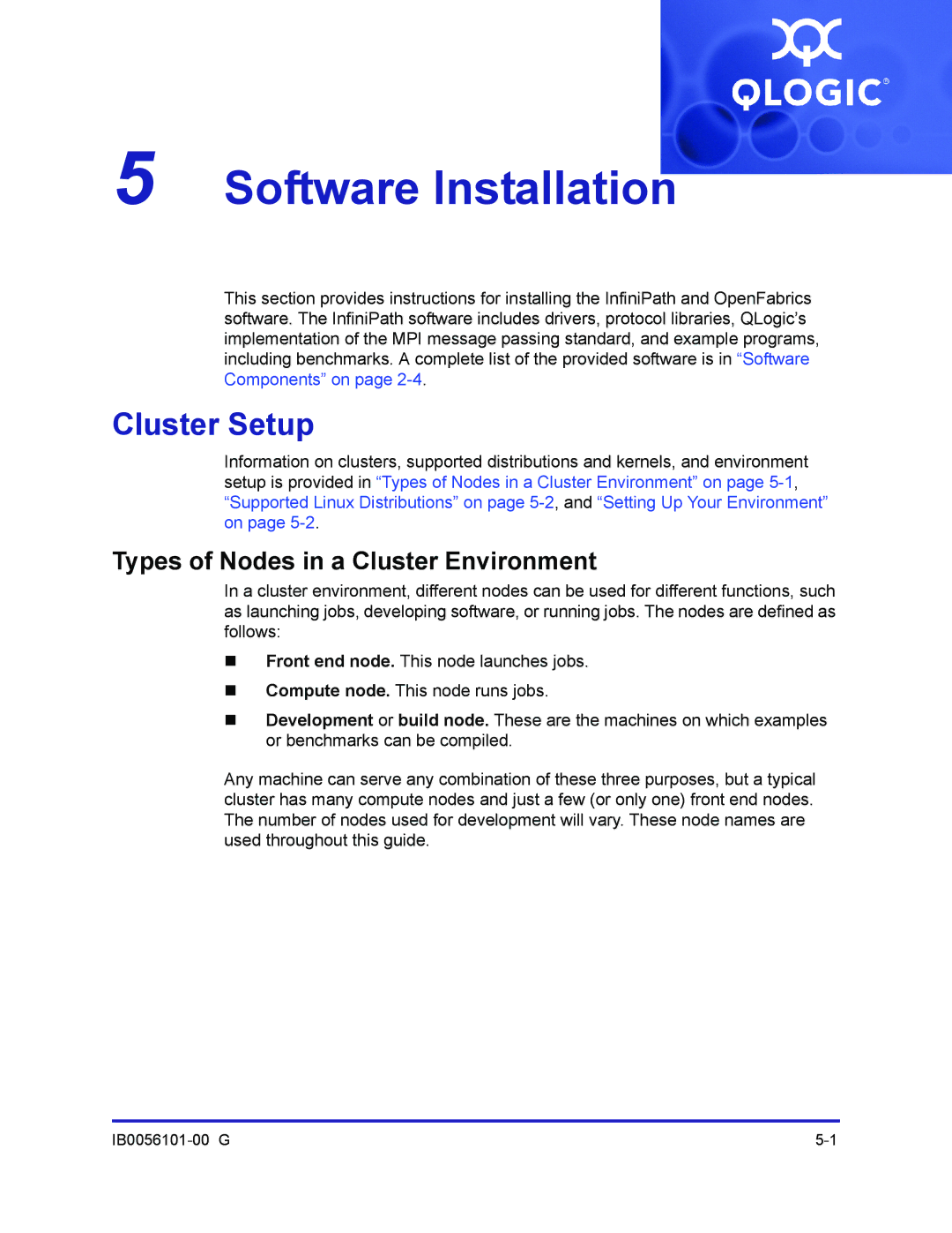 Q-Logic IB0056101-00 G manual Cluster Setup, Types of Nodes in a Cluster Environment 