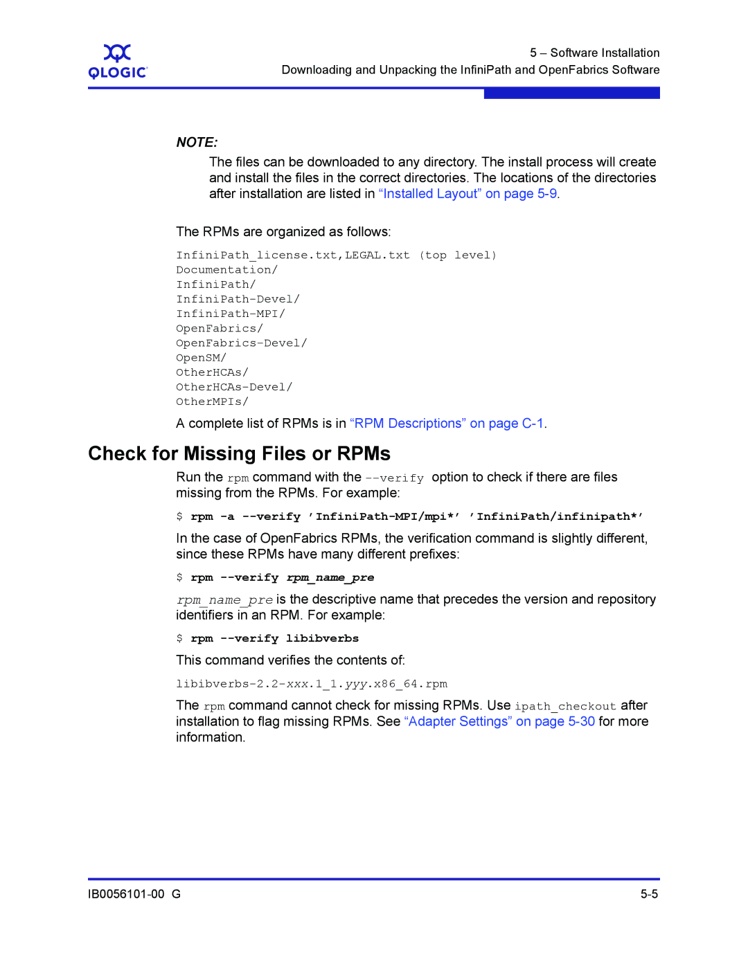 Q-Logic IB0056101-00 G manual Check for Missing Files or RPMs, Libibverbs-2.2-xxx.11.yyy.x8664.rpm 