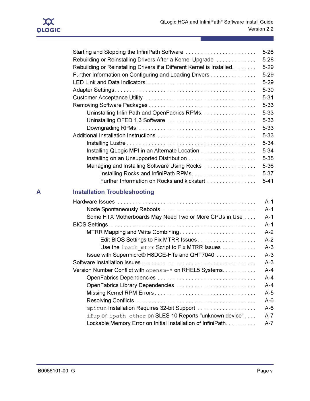 Q-Logic IB0056101-00 G manual Installation Troubleshooting 