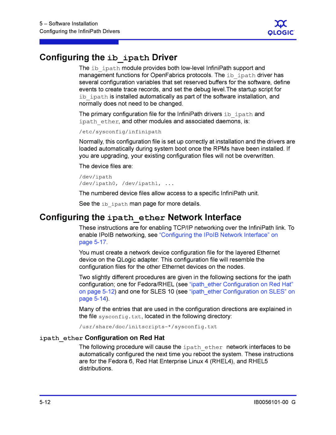 Q-Logic IB0056101-00 G manual Configuring the ibipath Driver, Configuring the ipathether Network Interface 