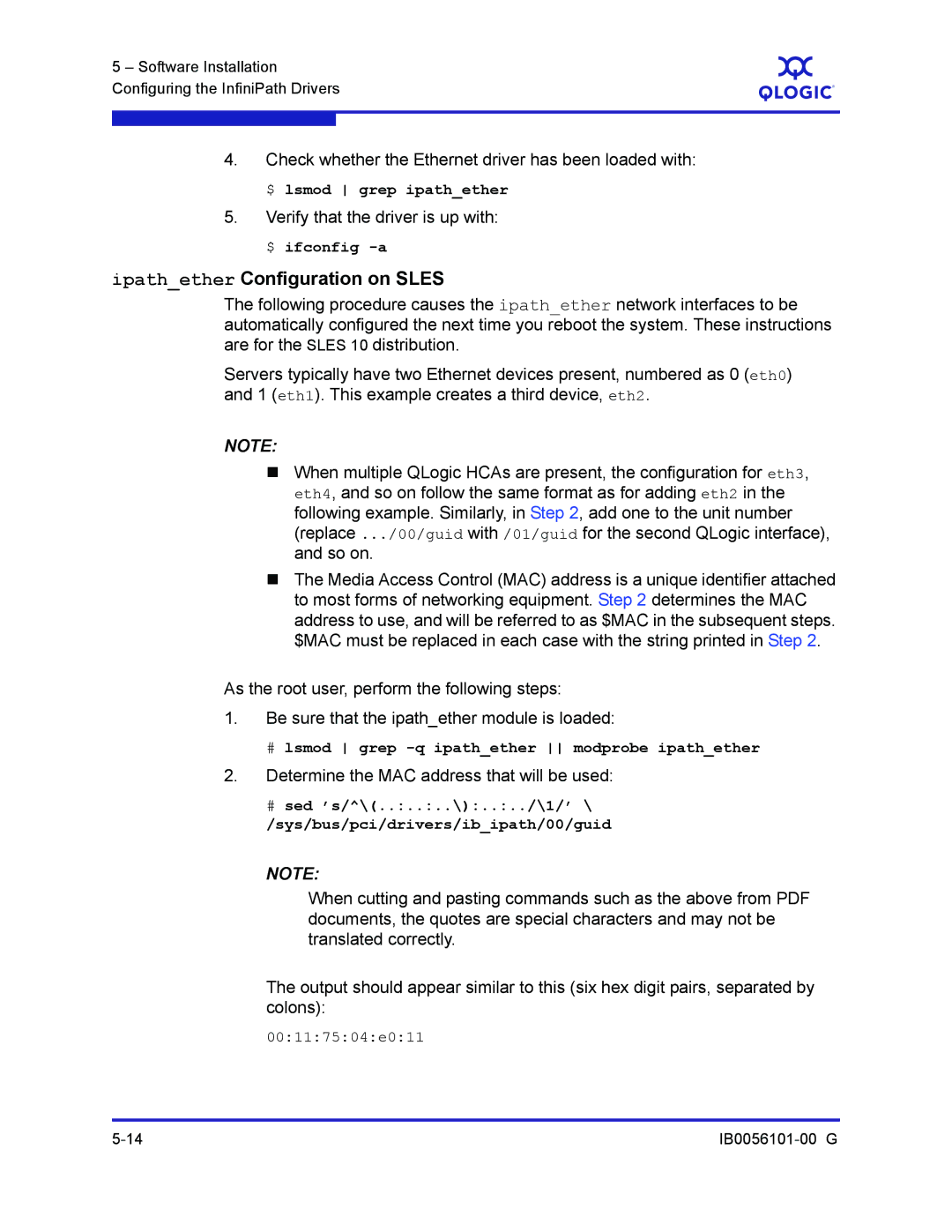 Q-Logic IB0056101-00 G manual Ipathether Configuration on Sles, 00117504e011 