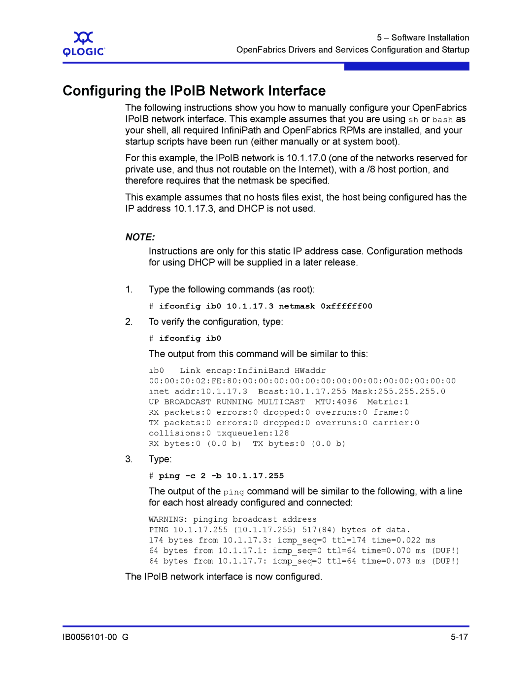 Q-Logic IB0056101-00 G manual Configuring the IPoIB Network Interface, Output from this command will be similar to this 