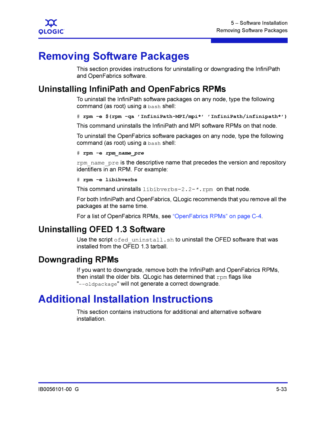 Q-Logic IB0056101-00 G Removing Software Packages, Additional Installation Instructions, Uninstalling Ofed 1.3 Software 