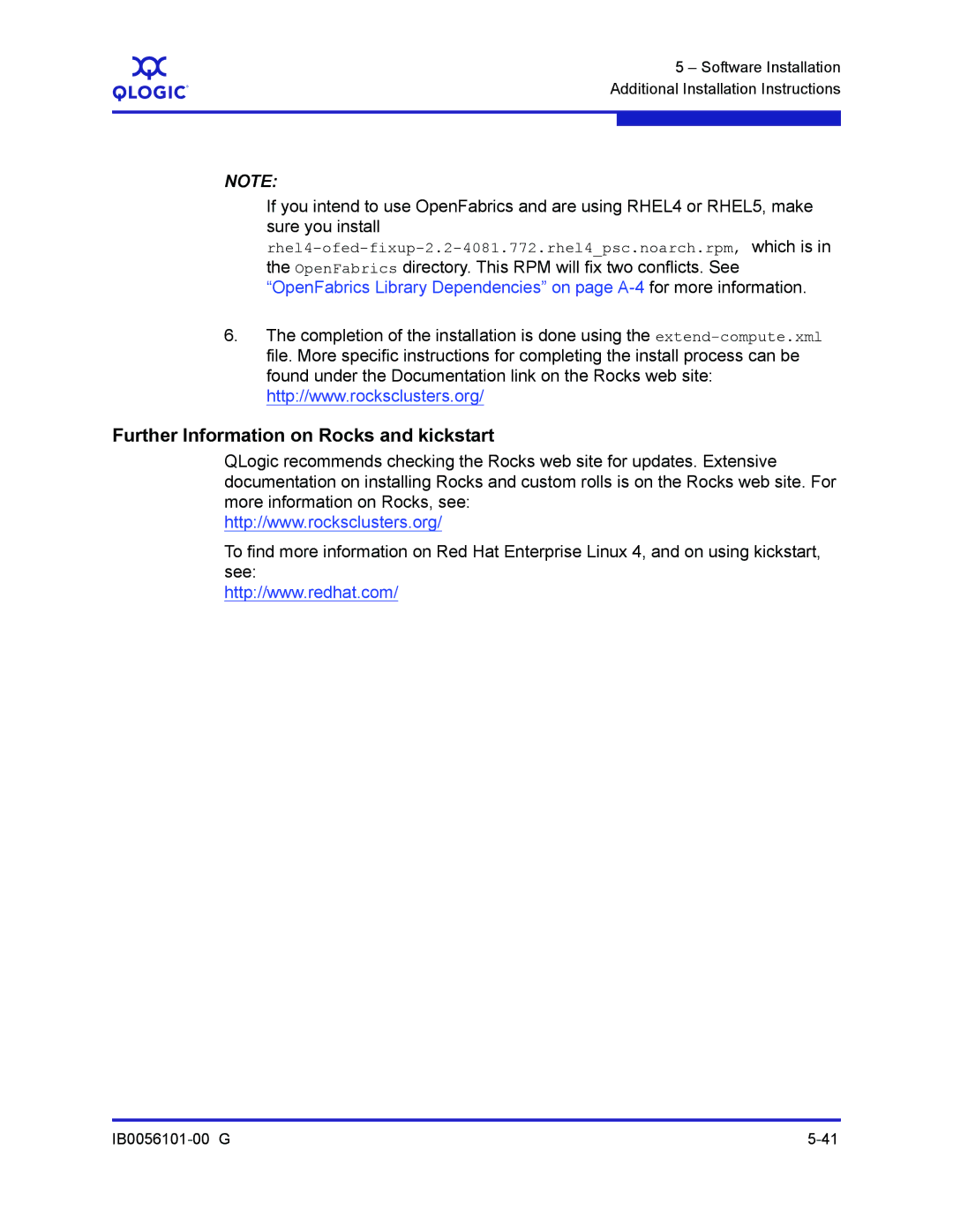 Q-Logic IB0056101-00 G manual Further Information on Rocks and kickstart 