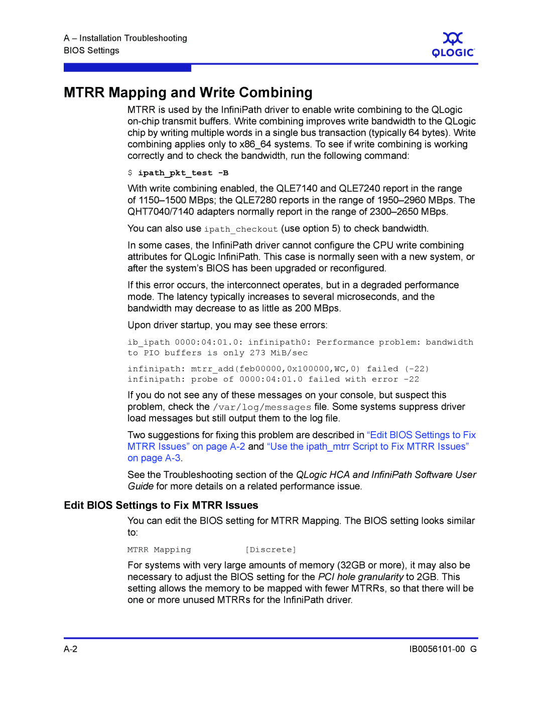 Q-Logic IB0056101-00 G Mtrr Mapping and Write Combining, Edit Bios Settings to Fix Mtrr Issues, Mtrr Mapping Discrete 