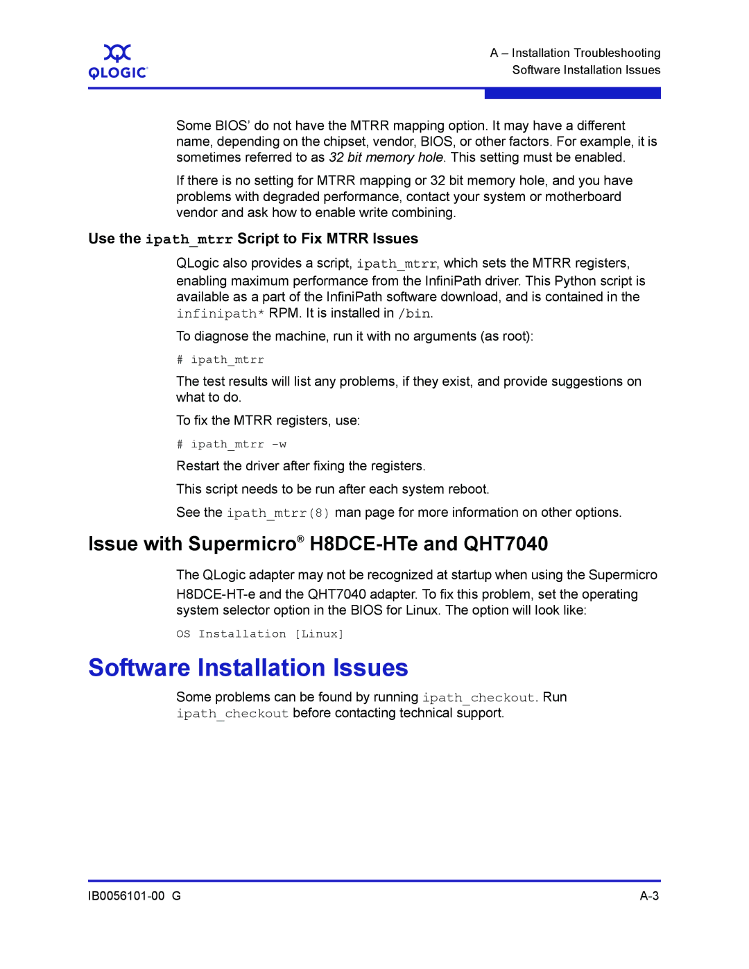 Q-Logic IB0056101-00 G manual Software Installation Issues, Issue with Supermicro H8DCE-HTe and QHT7040 