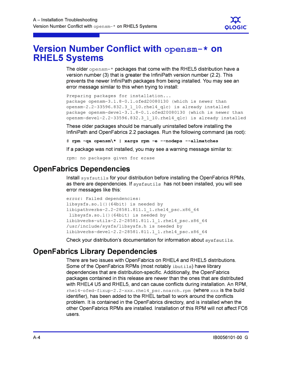 Q-Logic IB0056101-00 G manual Version Number Conflict with opensm-*on RHEL5 Systems, OpenFabrics Dependencies 