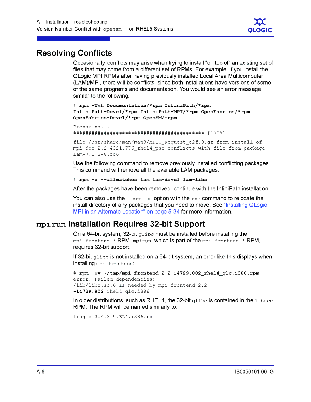 Q-Logic IB0056101-00 G manual Resolving Conflicts, Mpirun Installation Requires 32-bit Support, Libgcc-3.4.3-9.EL4.i386.rpm 