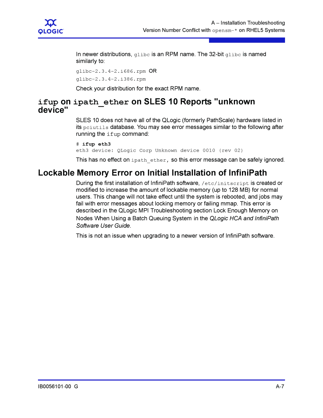 Q-Logic IB0056101-00 G manual Ifup on ipathether on Sles 10 Reports unknown device 