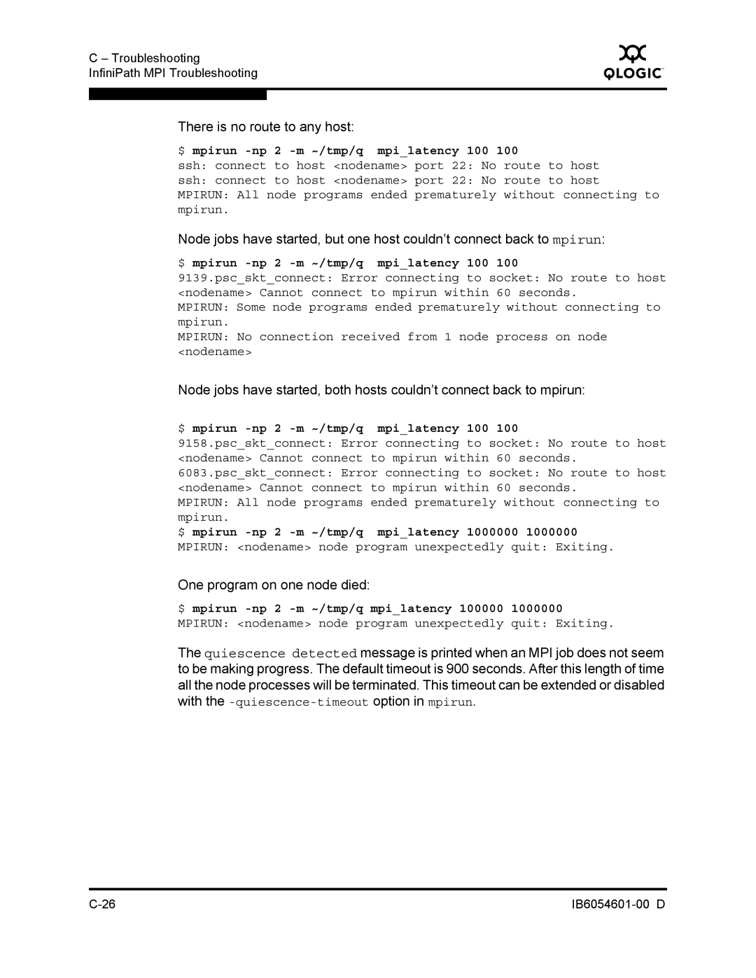 Q-Logic IB6054601-00 D manual There is no route to any host, One program on one node died 