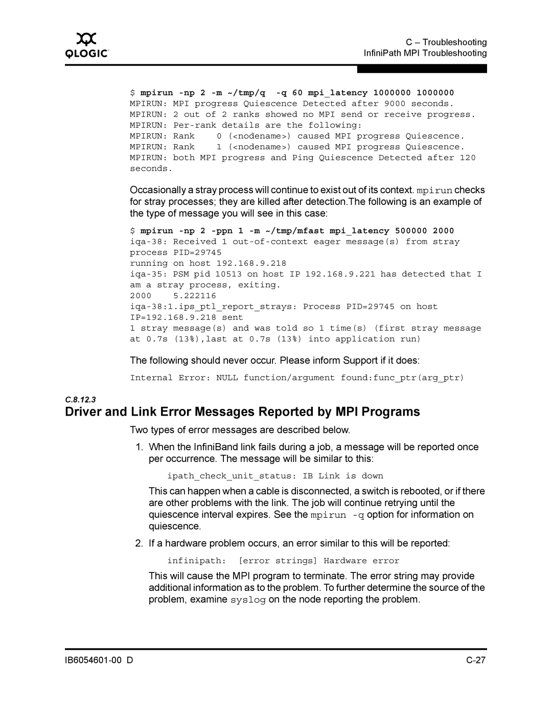 Q-Logic IB6054601-00 D manual Driver and Link Error Messages Reported by MPI Programs 