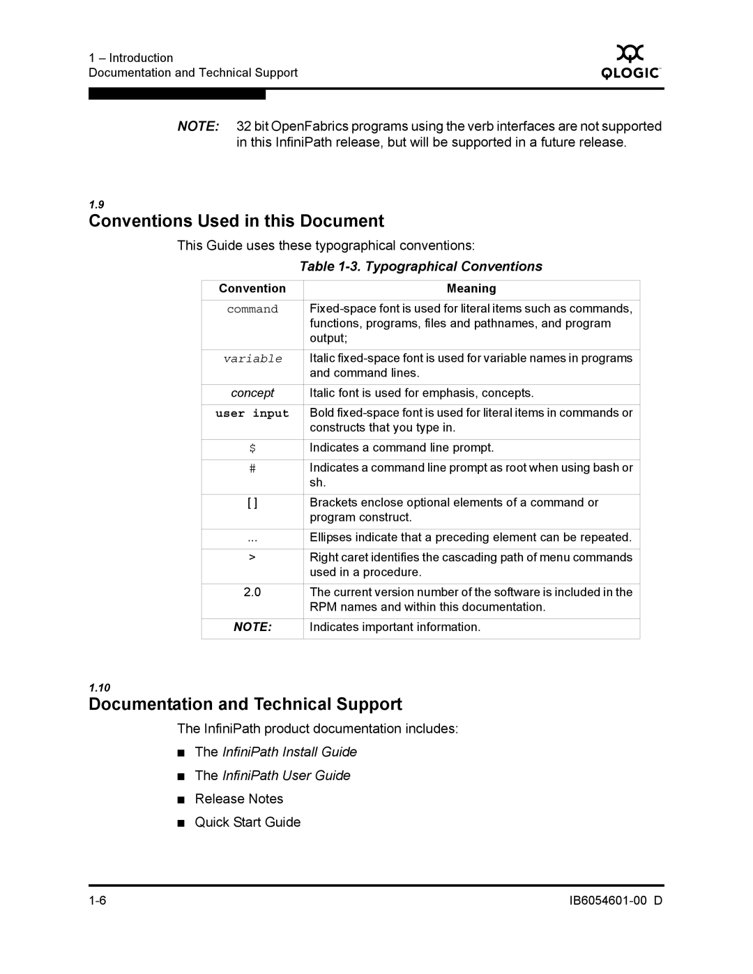 Q-Logic IB6054601-00 D manual Conventions Used in this Document, Documentation and Technical Support 