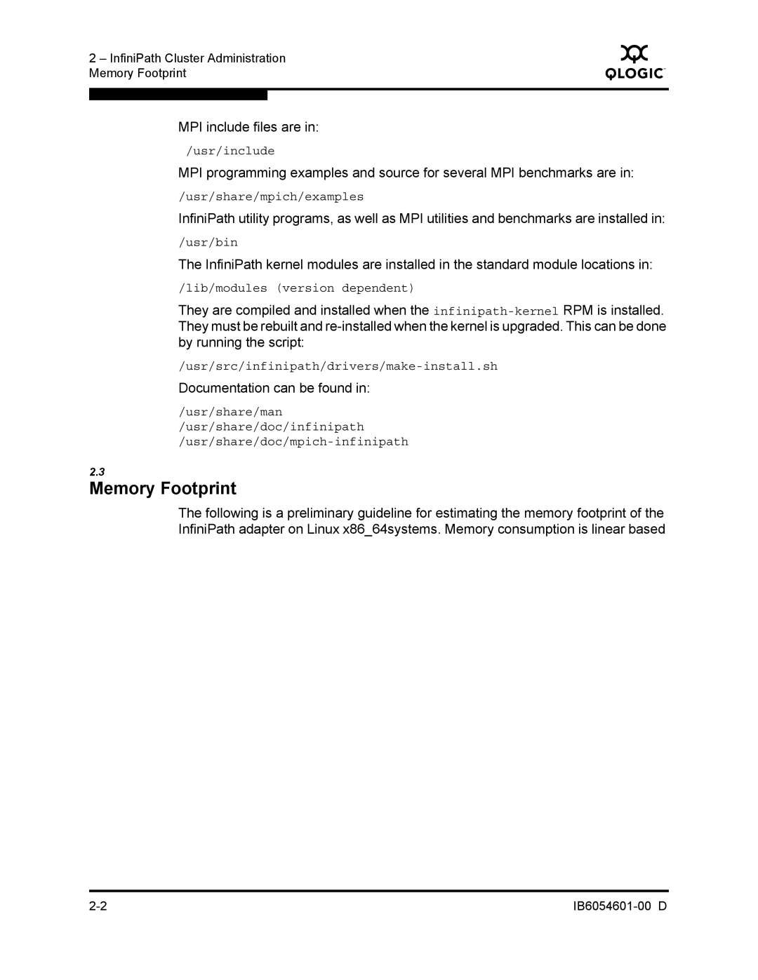 Q-Logic IB6054601-00 D manual Memory Footprint, MPI include files are, Documentation can be found 