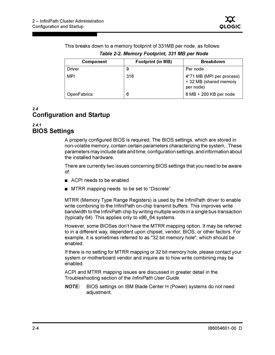 Q-Logic IB6054601-00 D manual Configuration and Startup Bios Settings, Memory Footprint, 331 MB per Node 