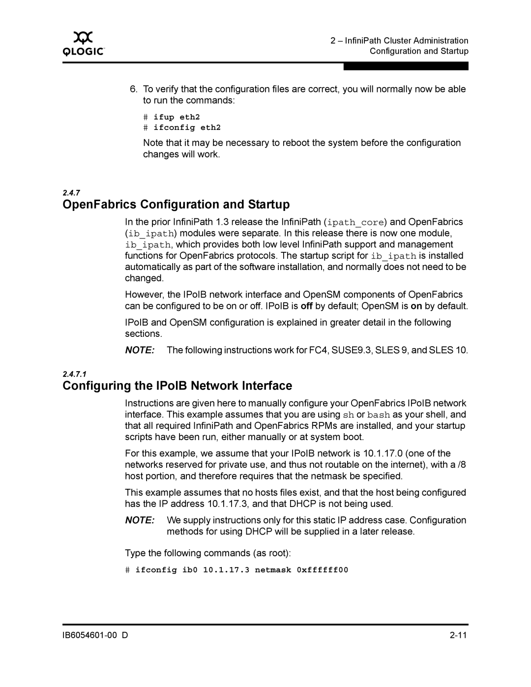 Q-Logic IB6054601-00 D manual OpenFabrics Configuration and Startup, Configuring the IPoIB Network Interface 