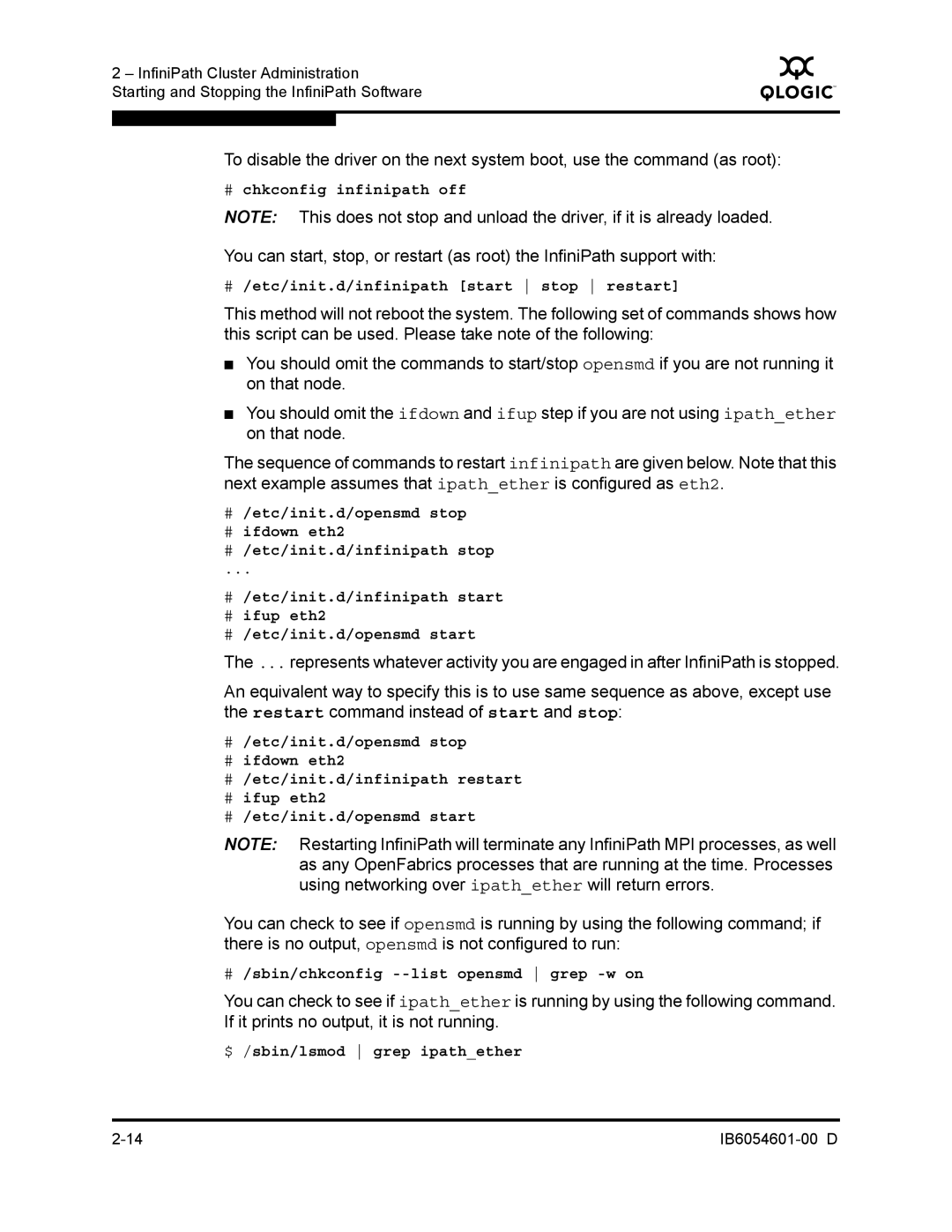 Q-Logic IB6054601-00 D manual # chkconfig infinipath off, # /etc/init.d/infinipath start stop restart 