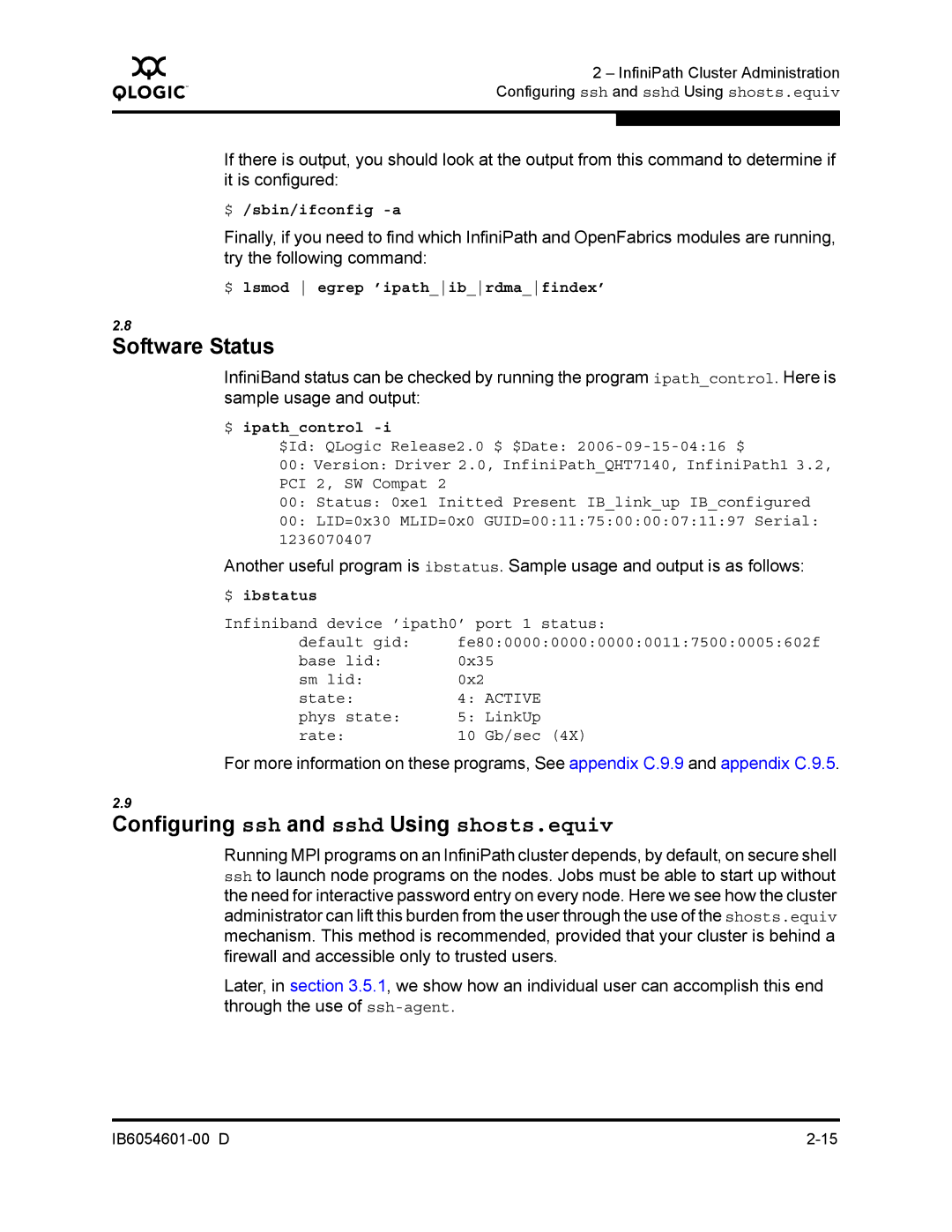 Q-Logic IB6054601-00 D manual Software Status, Configuring ssh and sshd Using shosts.equiv 