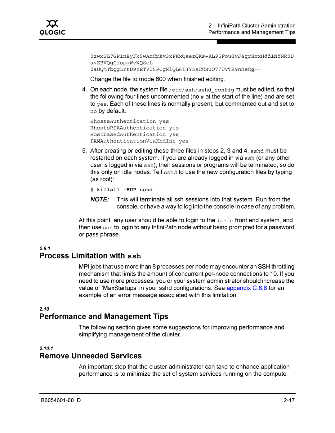 Q-Logic IB6054601-00 D manual Process Limitation with ssh, Performance and Management Tips, Remove Unneeded Services 