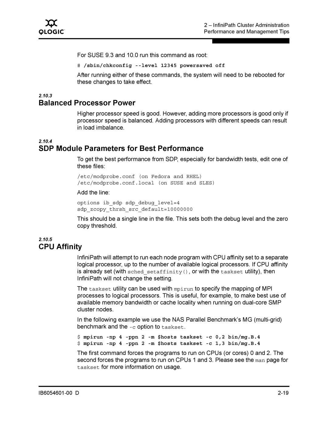 Q-Logic IB6054601-00 D Balanced Processor Power, SDP Module Parameters for Best Performance, CPU Affinity, Add the line 