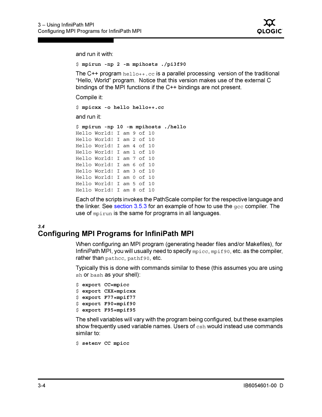 Q-Logic IB6054601-00 D manual Configuring MPI Programs for InfiniPath MPI, Run it 