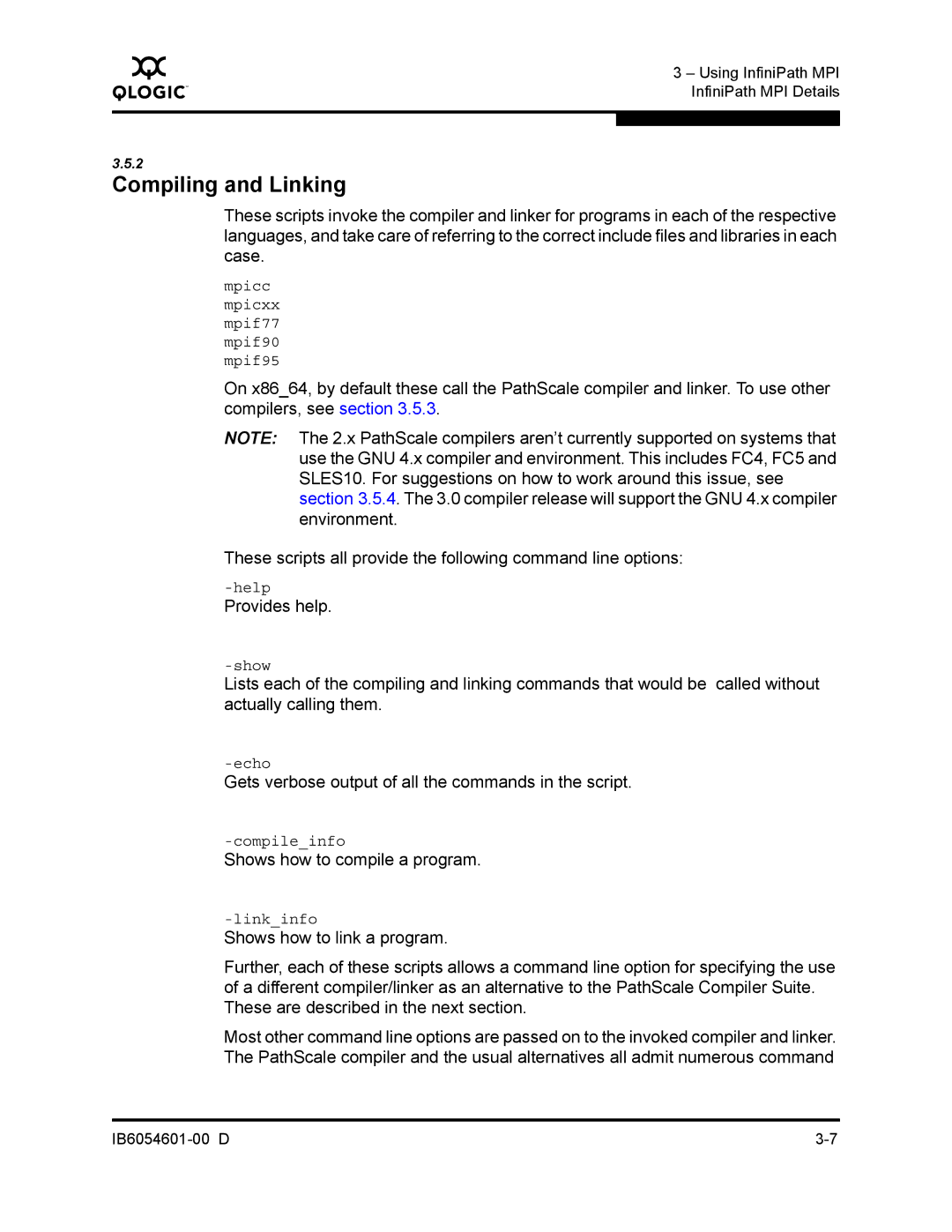 Q-Logic IB6054601-00 D manual Compiling and Linking, Provides help, Gets verbose output of all the commands in the script 