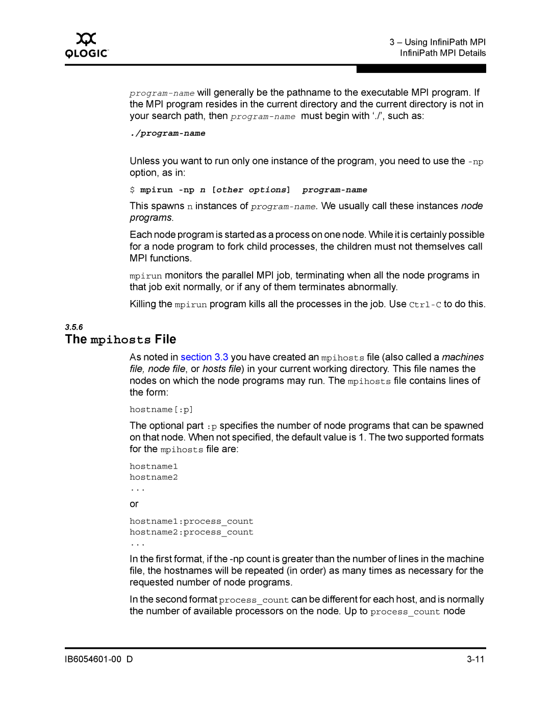 Q-Logic IB6054601-00 D manual Mpihosts File 