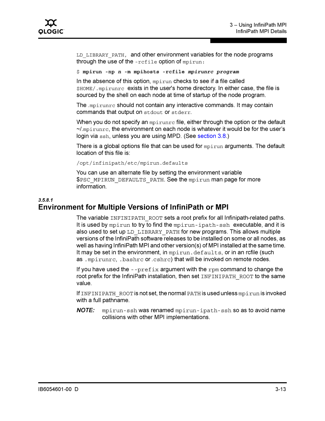 Q-Logic IB6054601-00 D manual Environment for Multiple Versions of InfiniPath or MPI 