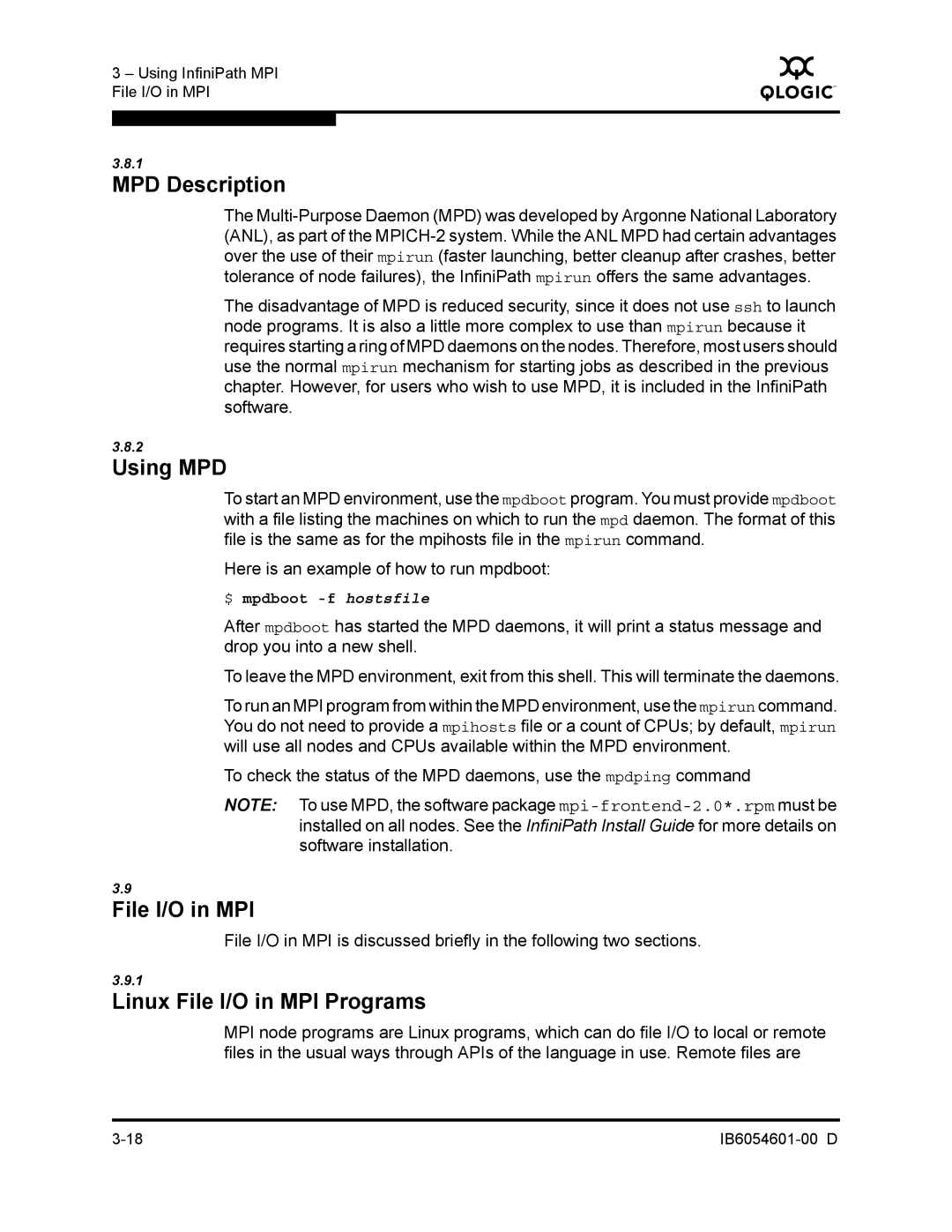 Q-Logic IB6054601-00 D manual MPD Description, Using MPD, Linux File I/O in MPI Programs, $ mpdboot -f hostsfile 