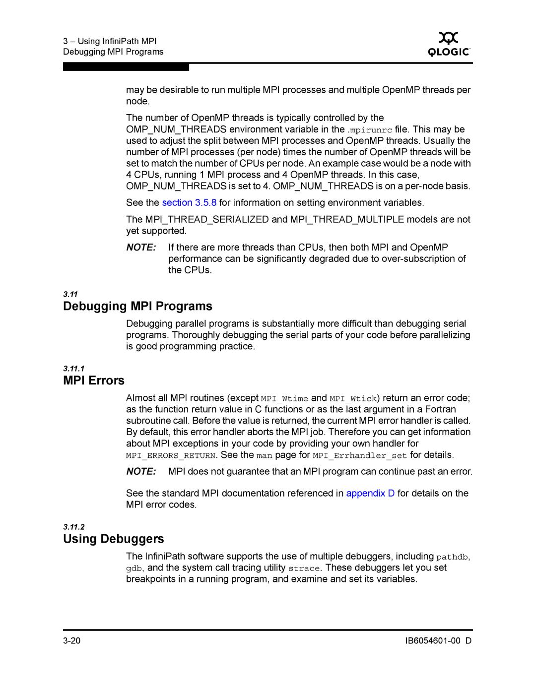 Q-Logic IB6054601-00 D manual Debugging MPI Programs, MPI Errors, Using Debuggers 