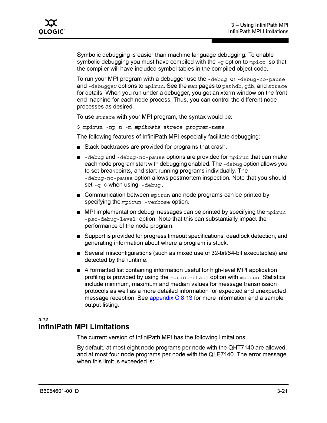 Q-Logic IB6054601-00 D manual InfiniPath MPI Limitations 