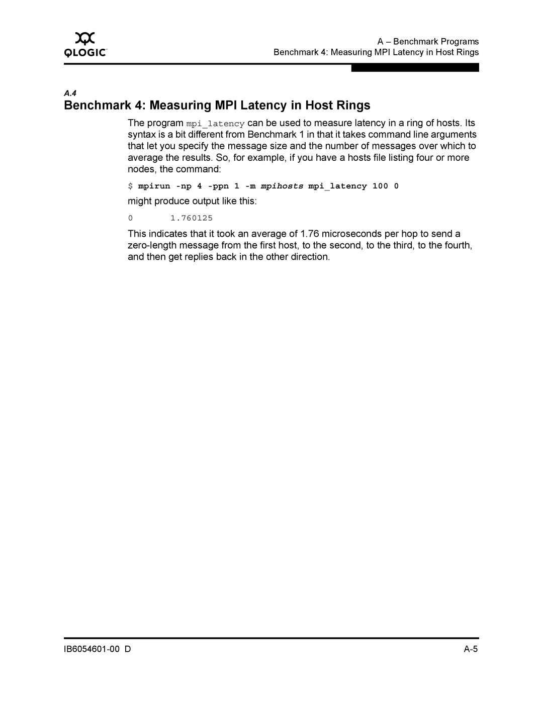 Q-Logic IB6054601-00 D manual Benchmark 4 Measuring MPI Latency in Host Rings, Might produce output like this 