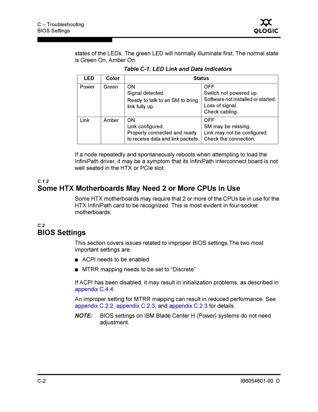 Q-Logic IB6054601-00 D manual Some HTX Motherboards May Need 2 or More CPUs in Use, Table C-1. LED Link and Data Indicators 