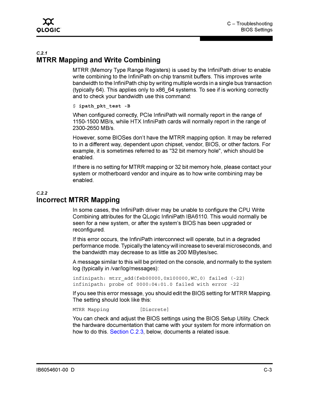 Q-Logic IB6054601-00 D manual Mtrr Mapping and Write Combining, Incorrect Mtrr Mapping, $ ipathpkttest -B 