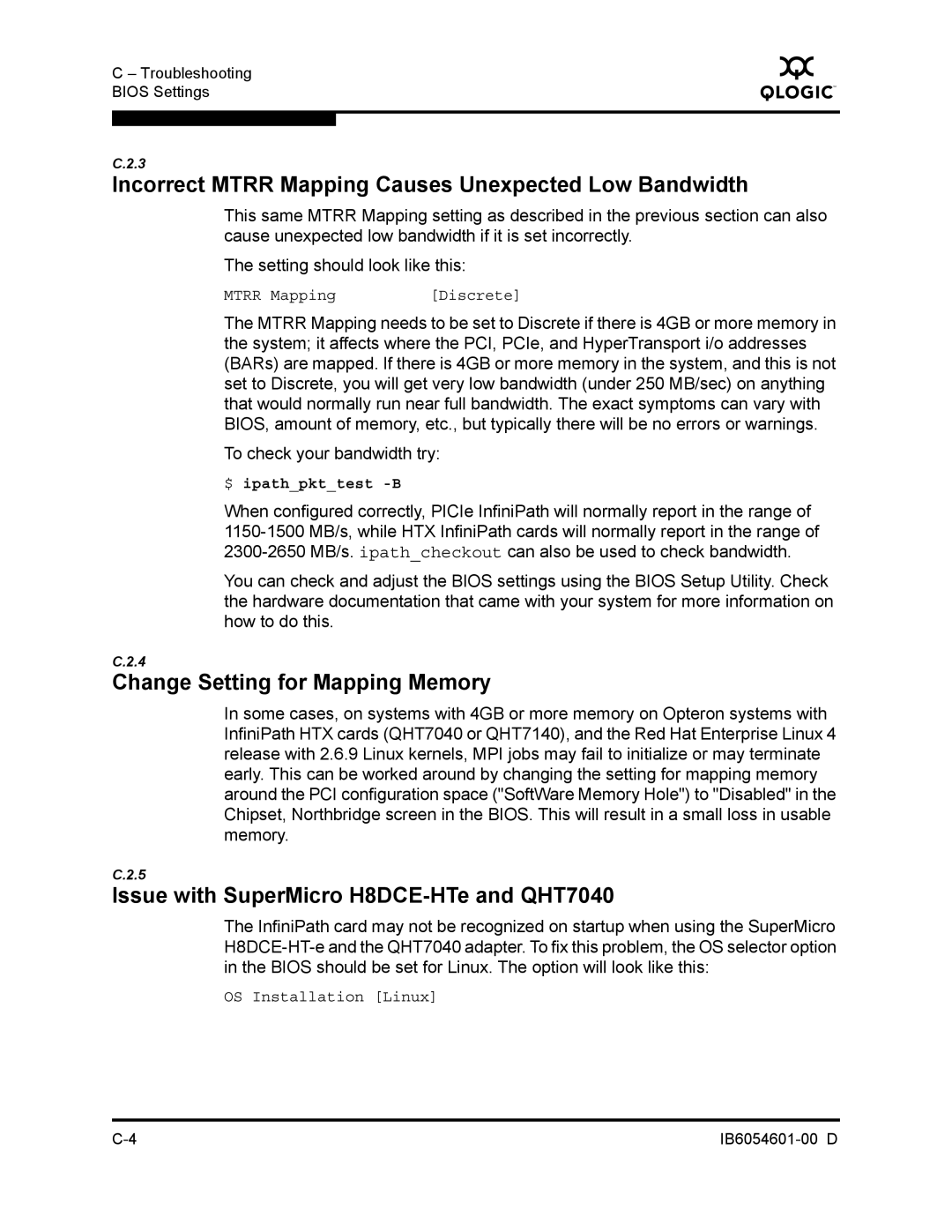 Q-Logic IB6054601-00 D manual Incorrect Mtrr Mapping Causes Unexpected Low Bandwidth, Change Setting for Mapping Memory 