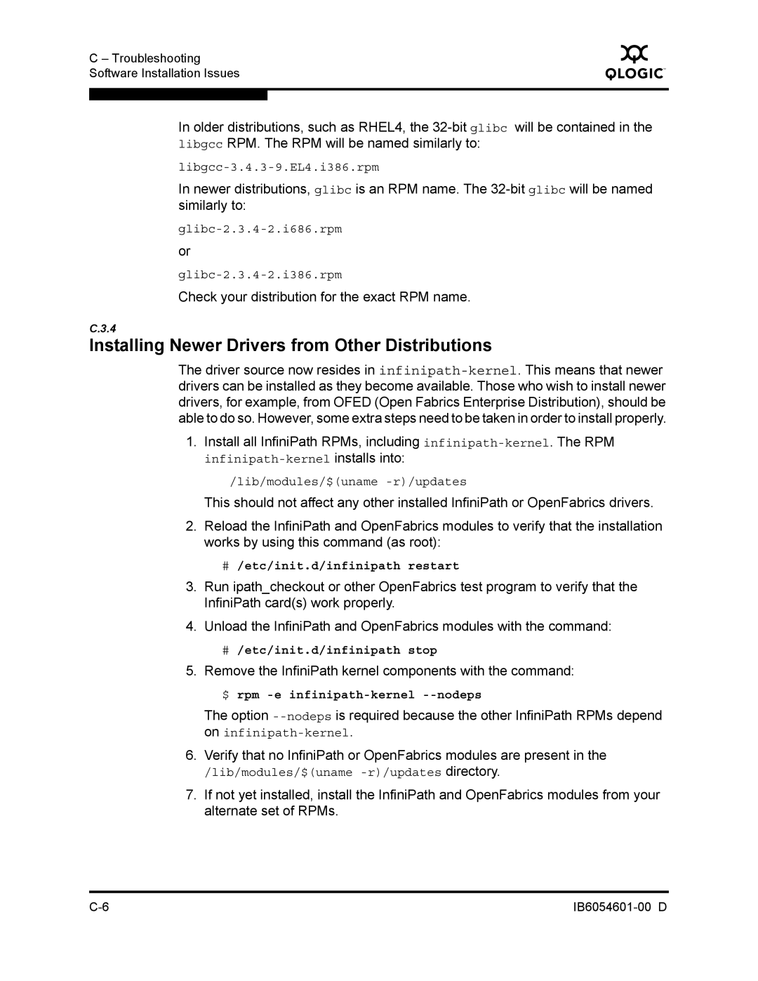 Q-Logic IB6054601-00 D Installing Newer Drivers from Other Distributions, Check your distribution for the exact RPM name 