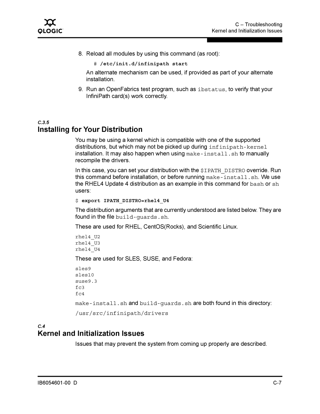 Q-Logic IB6054601-00 D Installing for Your Distribution, Kernel and Initialization Issues, $ export IPATHDISTRO=rhel4U4 