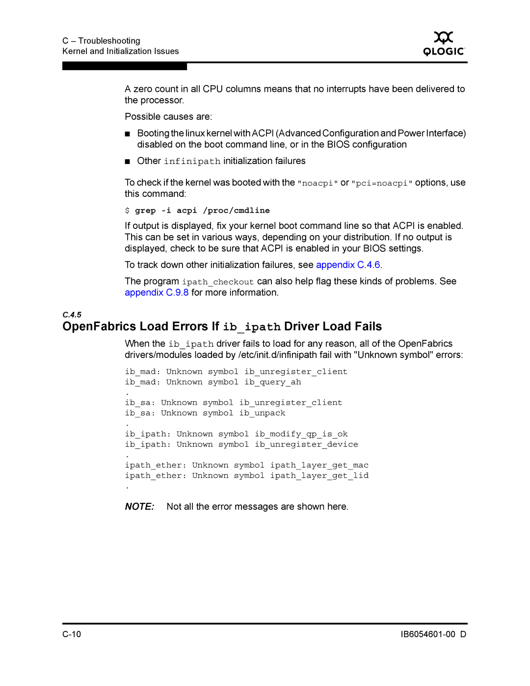 Q-Logic IB6054601-00 D manual OpenFabrics Load Errors If ibipath Driver Load Fails, $ grep -i acpi /proc/cmdline 