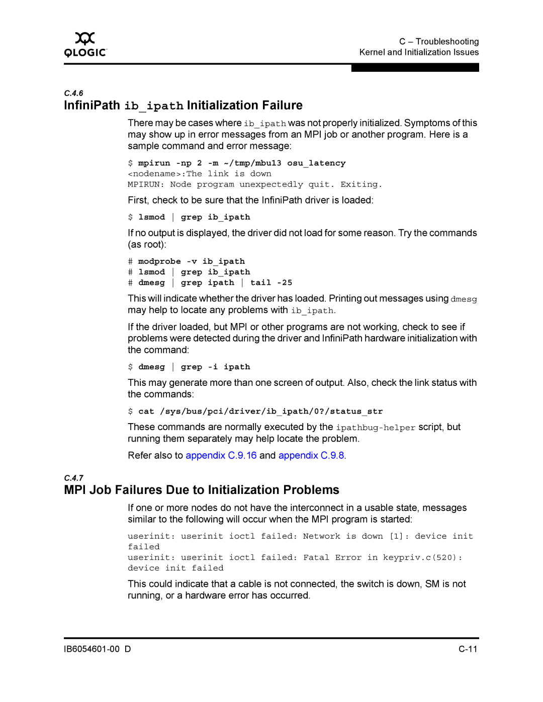 Q-Logic IB6054601-00 D manual InfiniPath ibipath Initialization Failure, MPI Job Failures Due to Initialization Problems 