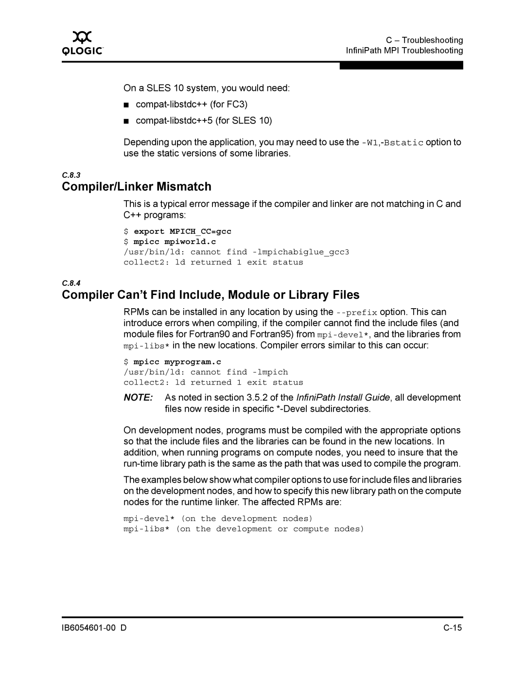 Q-Logic IB6054601-00 D Compiler/Linker Mismatch, Compiler Can’t Find Include, Module or Library Files, $ mpicc myprogram.c 