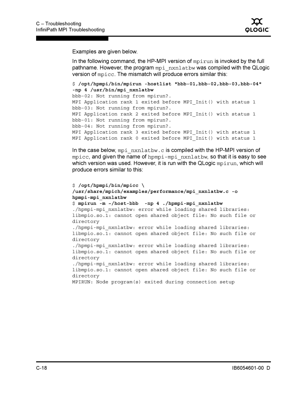 Q-Logic IB6054601-00 D manual Troubleshooting InfiniPath MPI Troubleshooting 