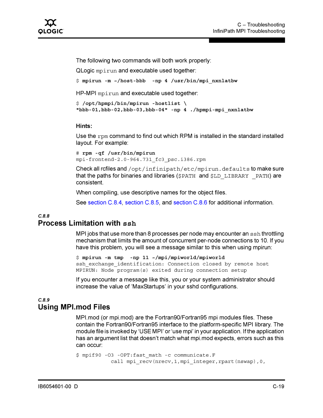 Q-Logic IB6054601-00 D manual Using MPI.mod Files, HP-MPI mpirun and executable used together 