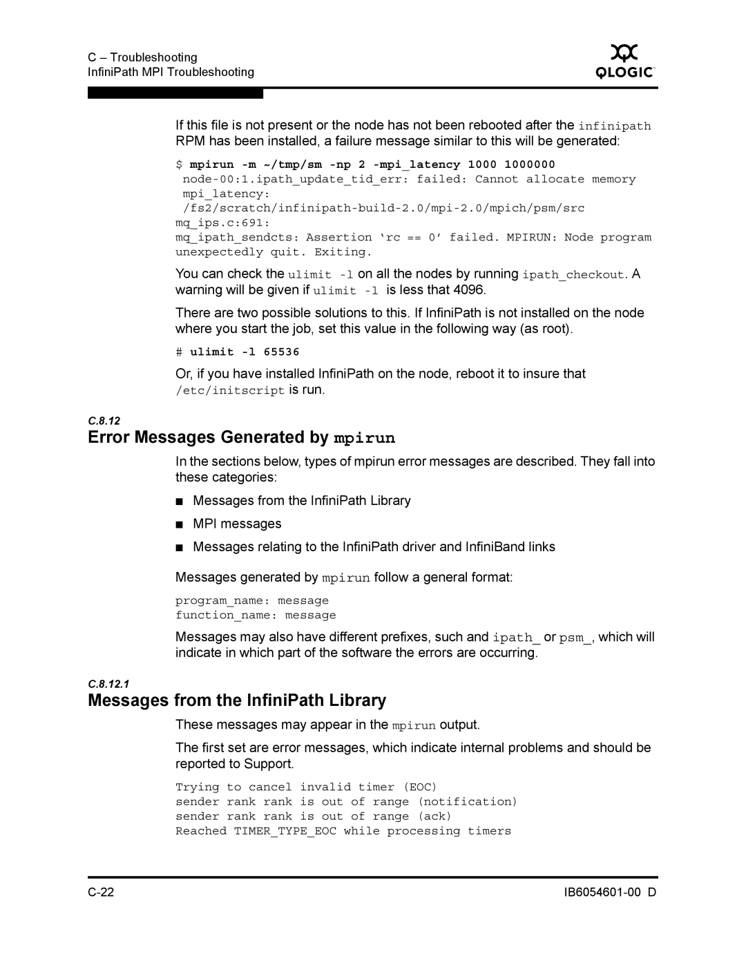 Q-Logic IB6054601-00 D manual Error Messages Generated by mpirun, Messages from the InfiniPath Library 