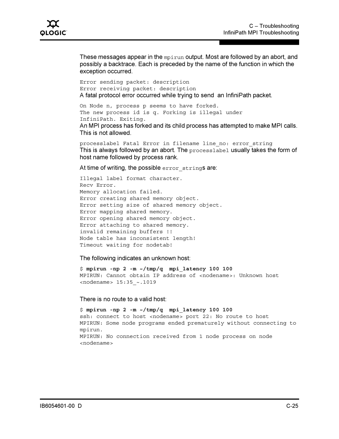 Q-Logic IB6054601-00 D manual Following indicates an unknown host, There is no route to a valid host 