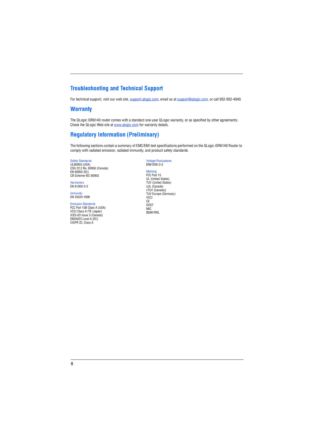 Q-Logic ISR6140 quick start Troubleshooting and Technical Support, Warranty Regulatory Information Preliminary 