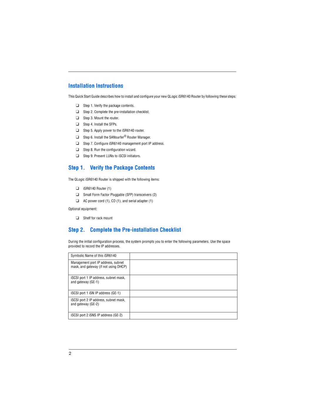 Q-Logic ISR6140 quick start Installation Instructions, Verify the Package Contents, Complete the Pre-installation Checklist 