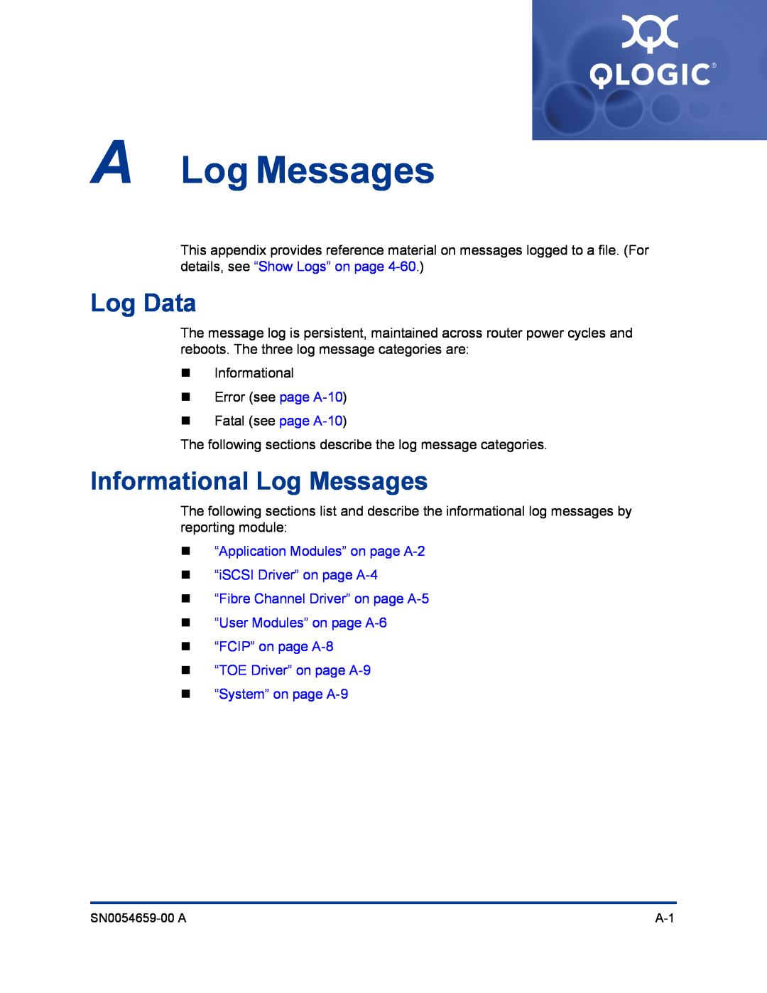 Q-Logic ISR6142 A Log Messages, Log Data, Informational Log Messages, „ “FCIP” on page A-8 „ “TOE Driver” on page A-9 