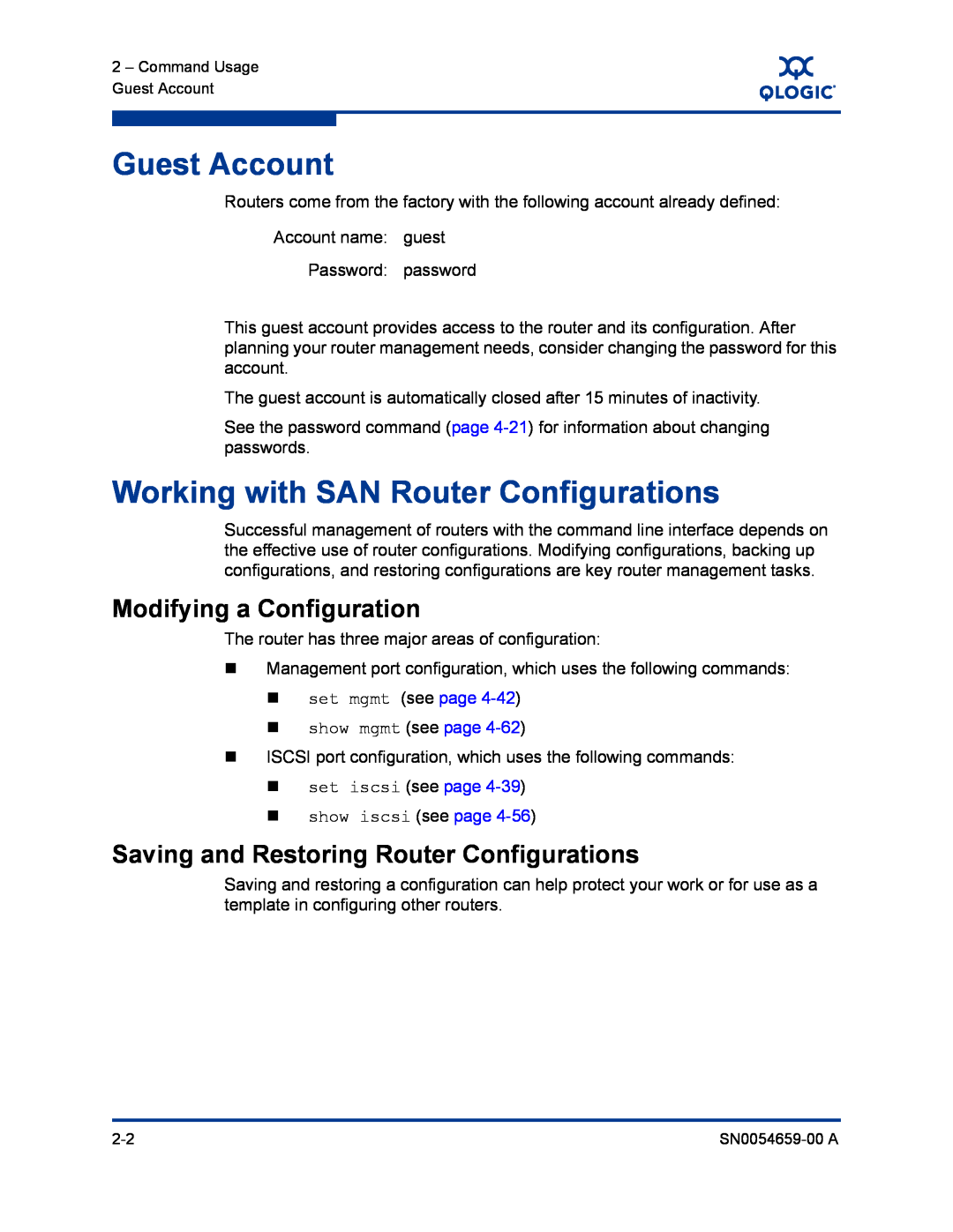 Q-Logic ISR6142 manual Guest Account, Working with SAN Router Configurations, Modifying a Configuration 
