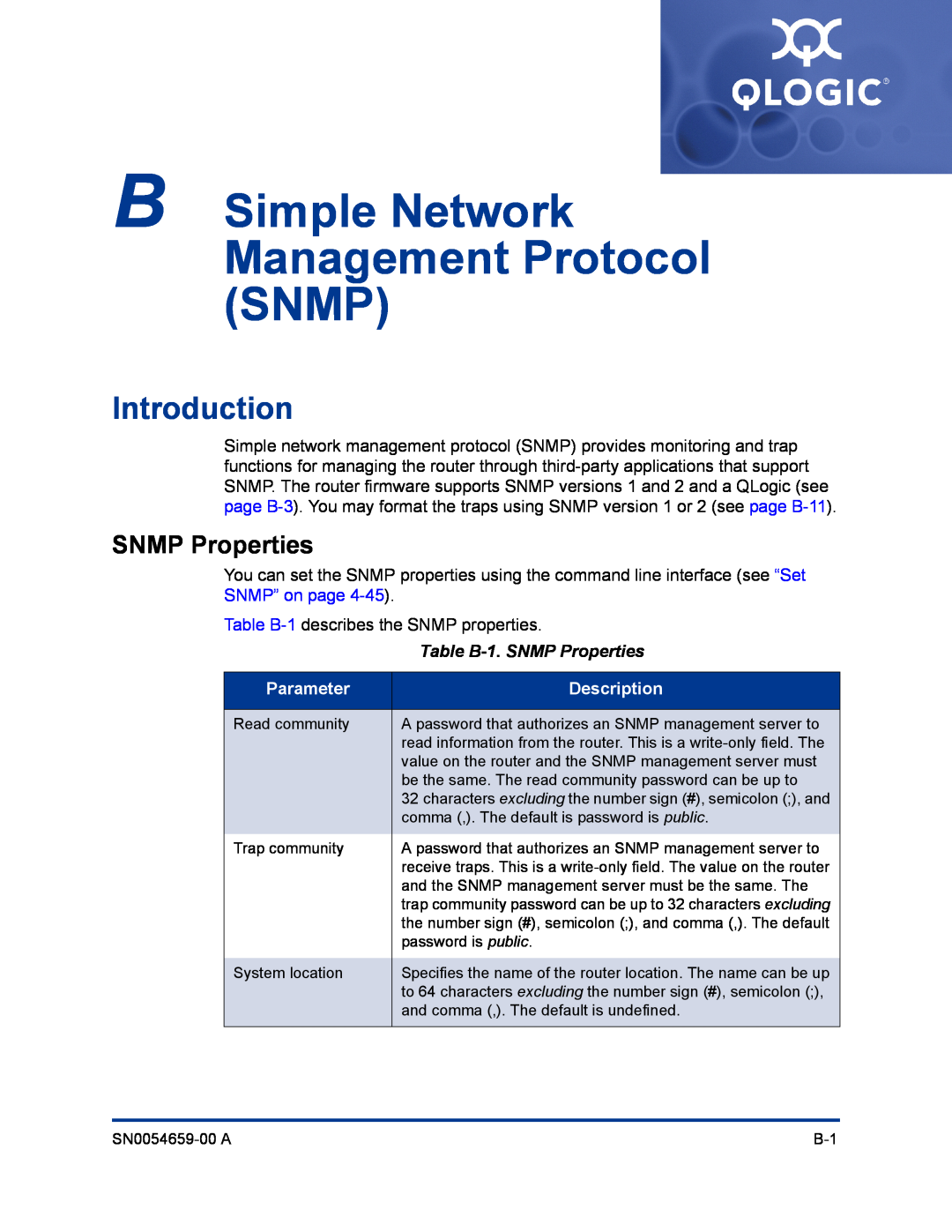Q-Logic ISR6142 manual B Simple Network Management Protocol SNMP, Introduction, Table B-1. SNMP Properties, Parameter 