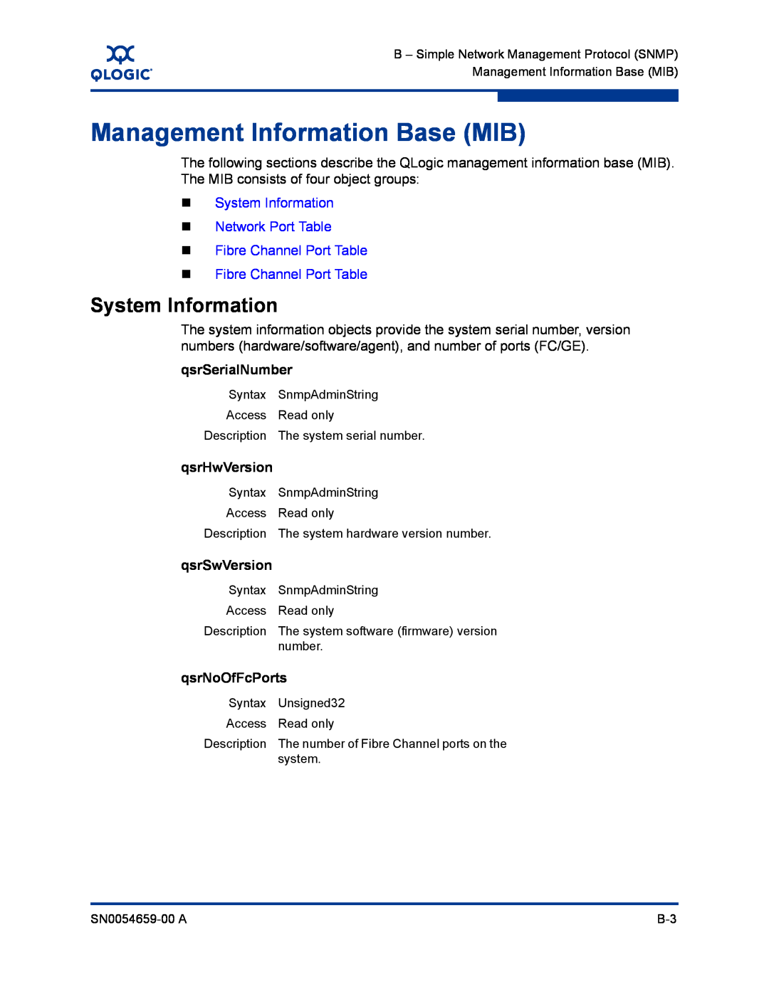 Q-Logic ISR6142 manual Management Information Base MIB, System Information, „ Fibre Channel Port Table 